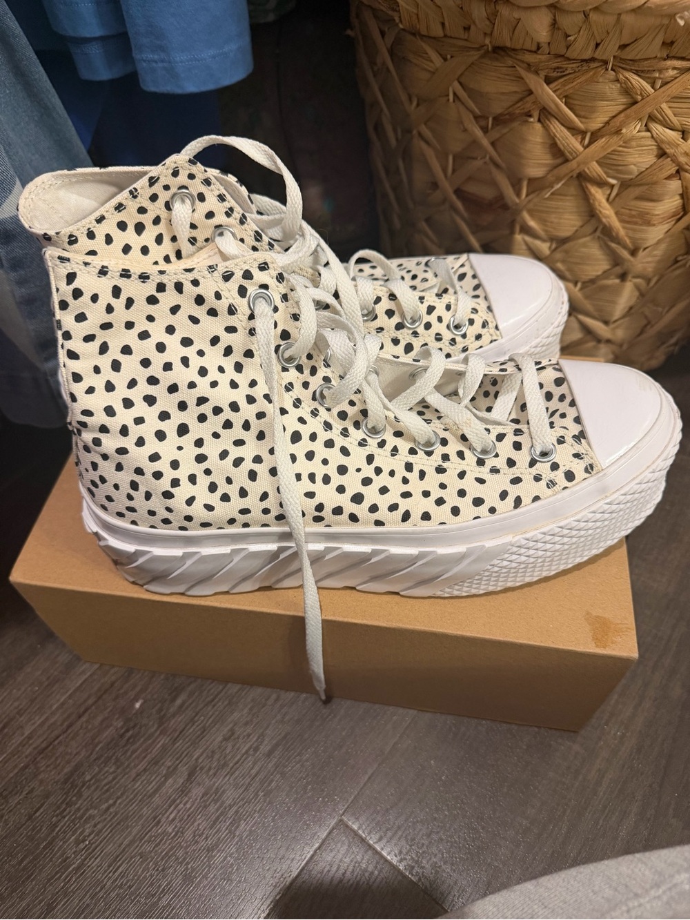 Converse Women's High-Top Canvas Sneakers in Cream with Black Spot Print